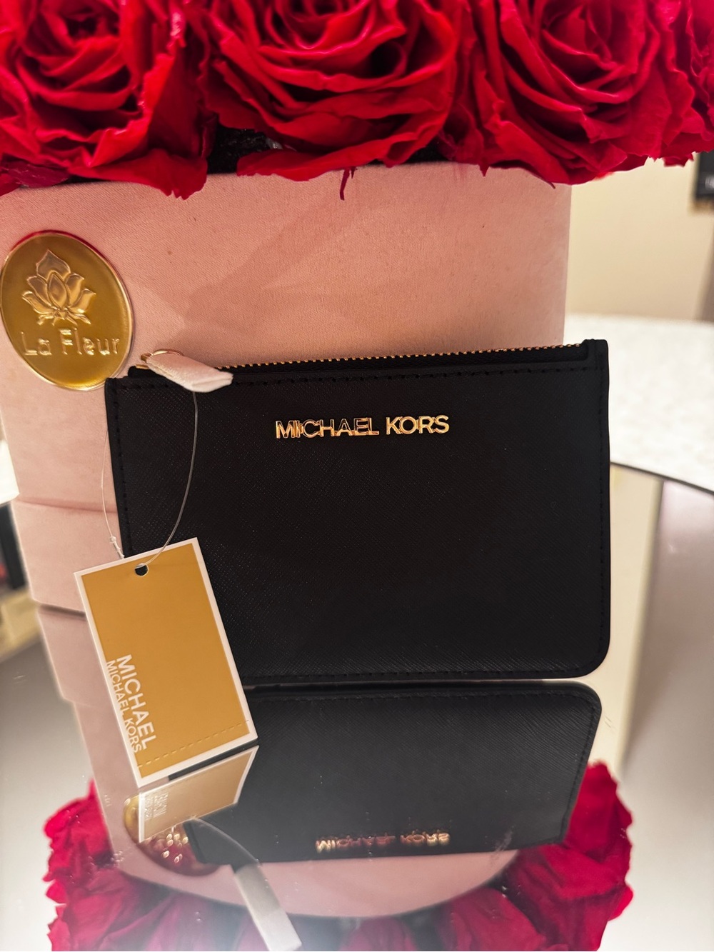 Michael Kors Black Card Zip Pouch with Gold Logo